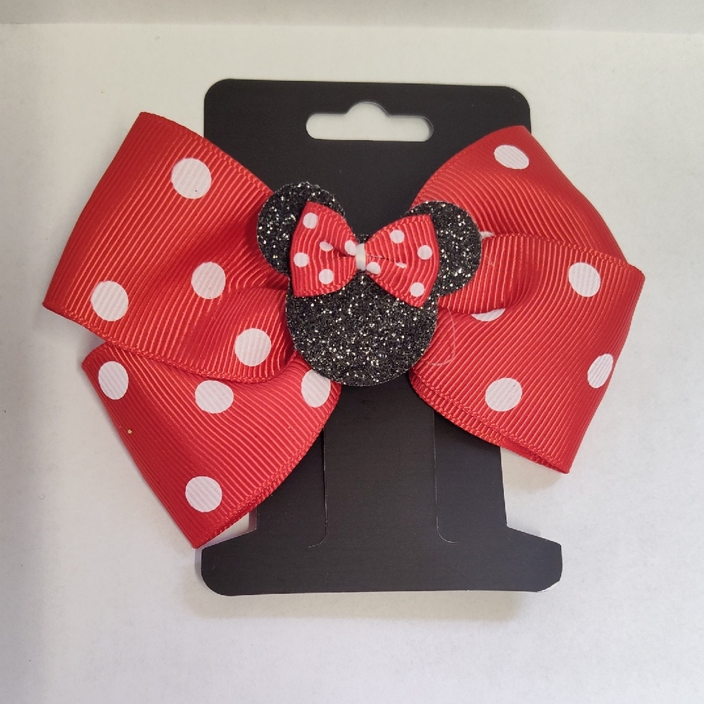Charming Red Polka Dot Hair Bow with Glittery Mouse Design